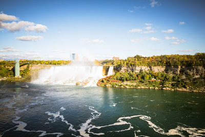 Scenic view of waterfall against sky