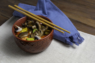High angle view of vegetables in bowl on table