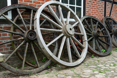 Close-up of old wheel on wall