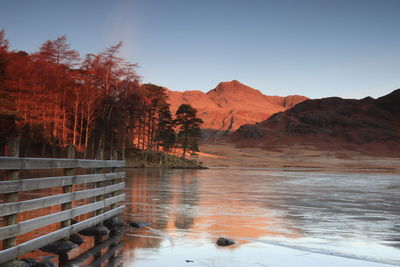 Scenic view of lake and mountains against clear sky