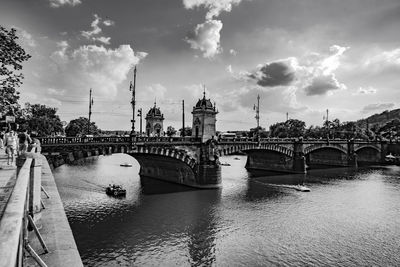 Bridge over river in city against cloudy sky