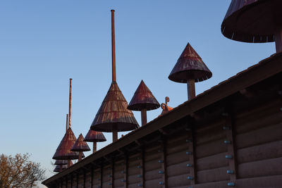 Low angle view of traditional building against clear blue sky