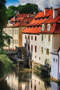 Canal by buildings in city