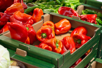 High angle view of tomatoes in crate at market