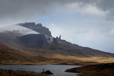 Scenic view of mountain by sea against sky