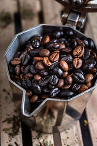 High angle view of coffee beans on table