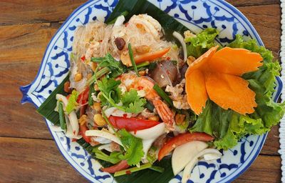 High angle view of food in plate on table