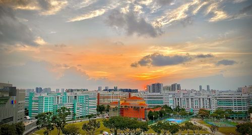 High angle view of buildings against sky during sunset