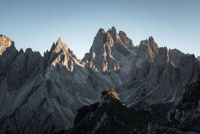 Panoramic view of rocky mountains against clear sky