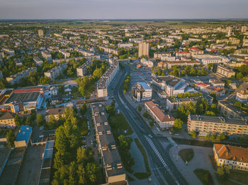 High angle view of street amidst buildings in city