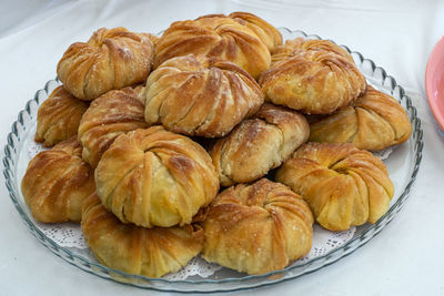 High angle view of bread in plate on table