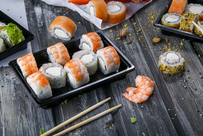 High angle view of sushi served on table