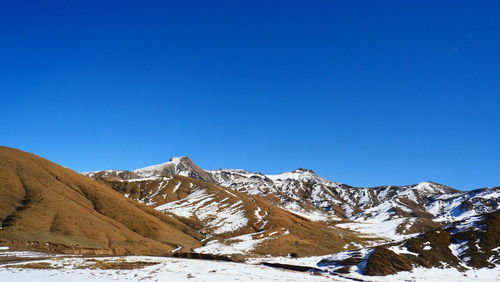 Scenic view of snowcapped mountains against clear blue sky