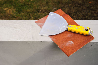 Close-up of construction materials on retaining wall