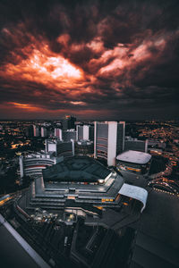 High angle view of buildings against sky during sunset