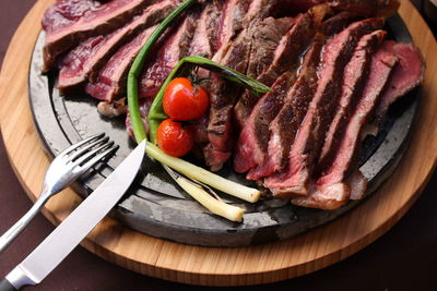 High angle view of food in plate on table