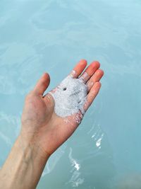 High angle view of person hand holding water