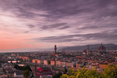 High angle view of city buildings during sunset