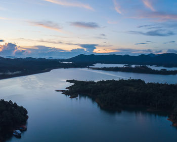 Aerial view of kenyir lake during blue hour sunrise.