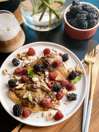 High angle view of breakfast served on table
