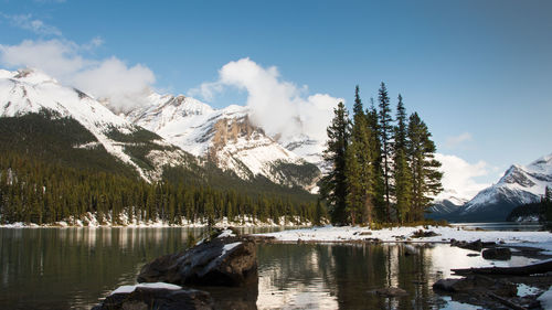 Scenic view of lake by snowcapped mountains against sky