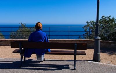 Rear view of woman sitting on bench against blue sea
