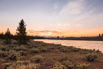 Scenic view of river against sky during sunset