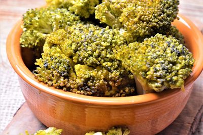 High angle view of vegetables in bowl on table