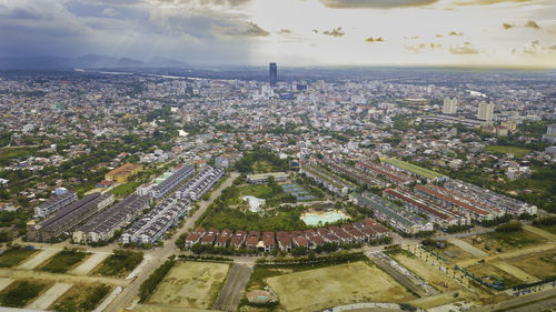 High angle view of townscape against sky in city