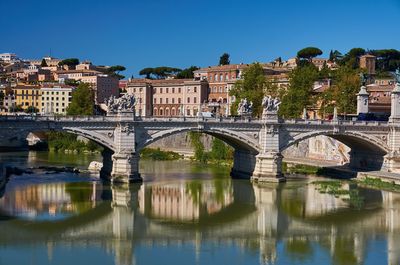 Bridge over river with buildings in background