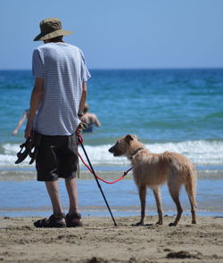 Rear view of man with dog walking on beach