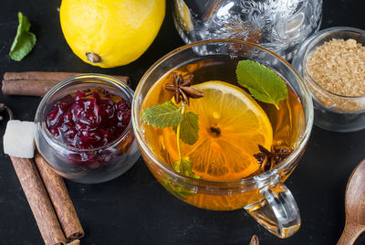 High angle view of fruits in glass on table