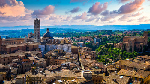 Siena beautiful medieval town in tuscany, dome and bell tower of siena cathedral, tuscany, italy