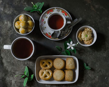 High angle view of breakfast on table