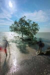 People on beach against sky