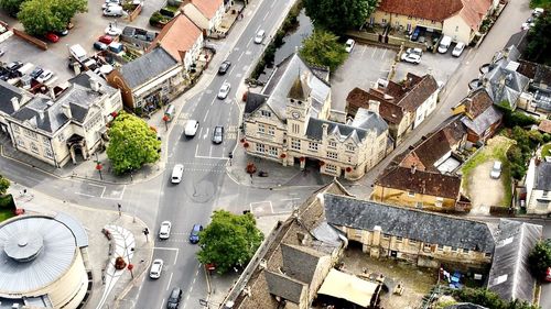 High angle view of street amidst buildings in city