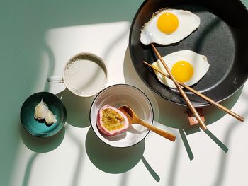 High angle view of breakfast on table