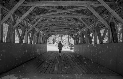 Rear view of person walking on bridge