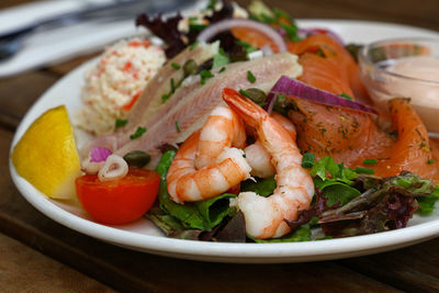 Close-up of seafood served in plate on table