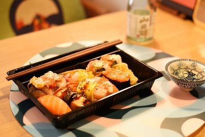 High angle view of food in plate on table