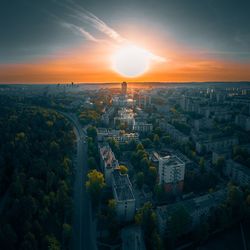 High angle view of townscape against sky during sunset