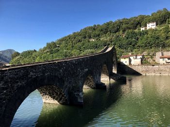 Bridge over river by buildings against clear sky