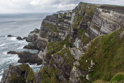 Scenic view of cliff by sea against sky