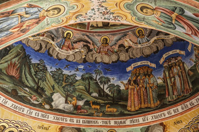 Low angle view of multi colored ceiling at temple