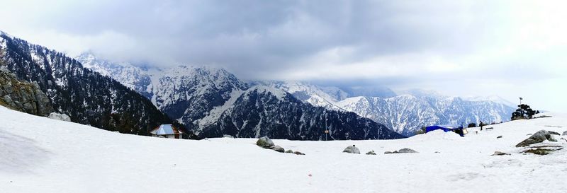 Panoramic view of snowcapped mountains against sky