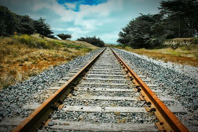 Railroad tracks amidst trees against sky