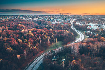 High angle view of city during sunset