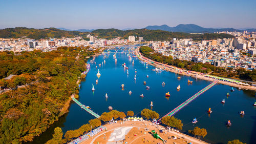 High angle view of buildings in city