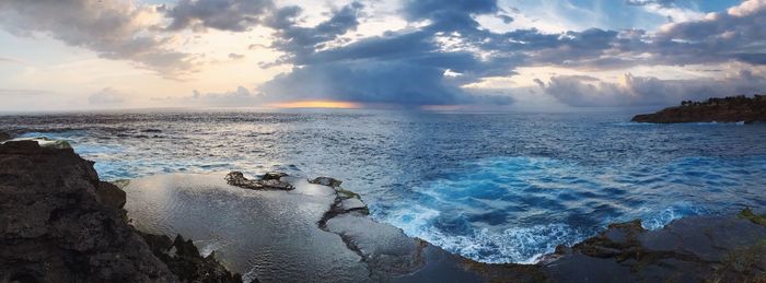 Panoramic view of sea against sky during sunset