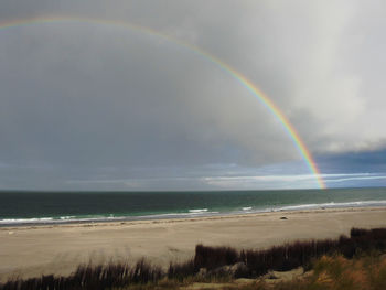 Scenic view of rainbow over sea against sky